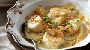 Blanquette de cabillaud au curry et poireaux frits