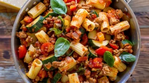 Rigatoni aux Saucisses, Tomates et Courgettes