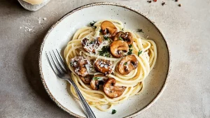 Spaghetti au Pecorino et Champignons Caramélisés