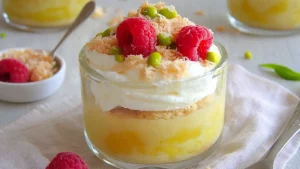 Trifles à la crème de citron, chantilly, framboises et pistaches