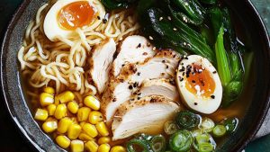 Shoyu chicken ramen with fresh corn and choy sum