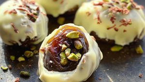 White chocolate and pistachio-stuffed dates