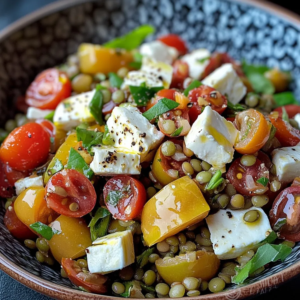 Salade de lentilles vertes, à la feta, aux tomates cerises et à la vinaigrette au miel